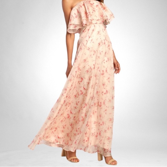 NEW Lulus Sweet Passion Blush Pink Floral Print Organza  Maxi Dress SZ L - Picture 1 of 10
